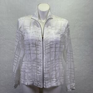 Coldwater Creek White Semi Sheer Square Patterned Zip Up Blazer Jacket Size 16